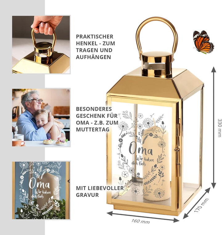 Laterne mit Gravur für Oma, Deko Kerzen Windlicht, Geschenk für Oma, Outdoor Garten Dekoration, Grav