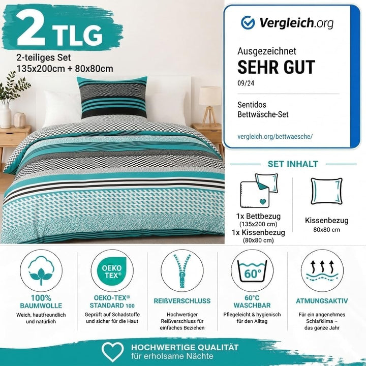 Sentidos Bettwäsche-Set 2-teilig Renforcé Baumwolle 135x 200 cm mit Reissverschluss Bett-Bezug, 80x8