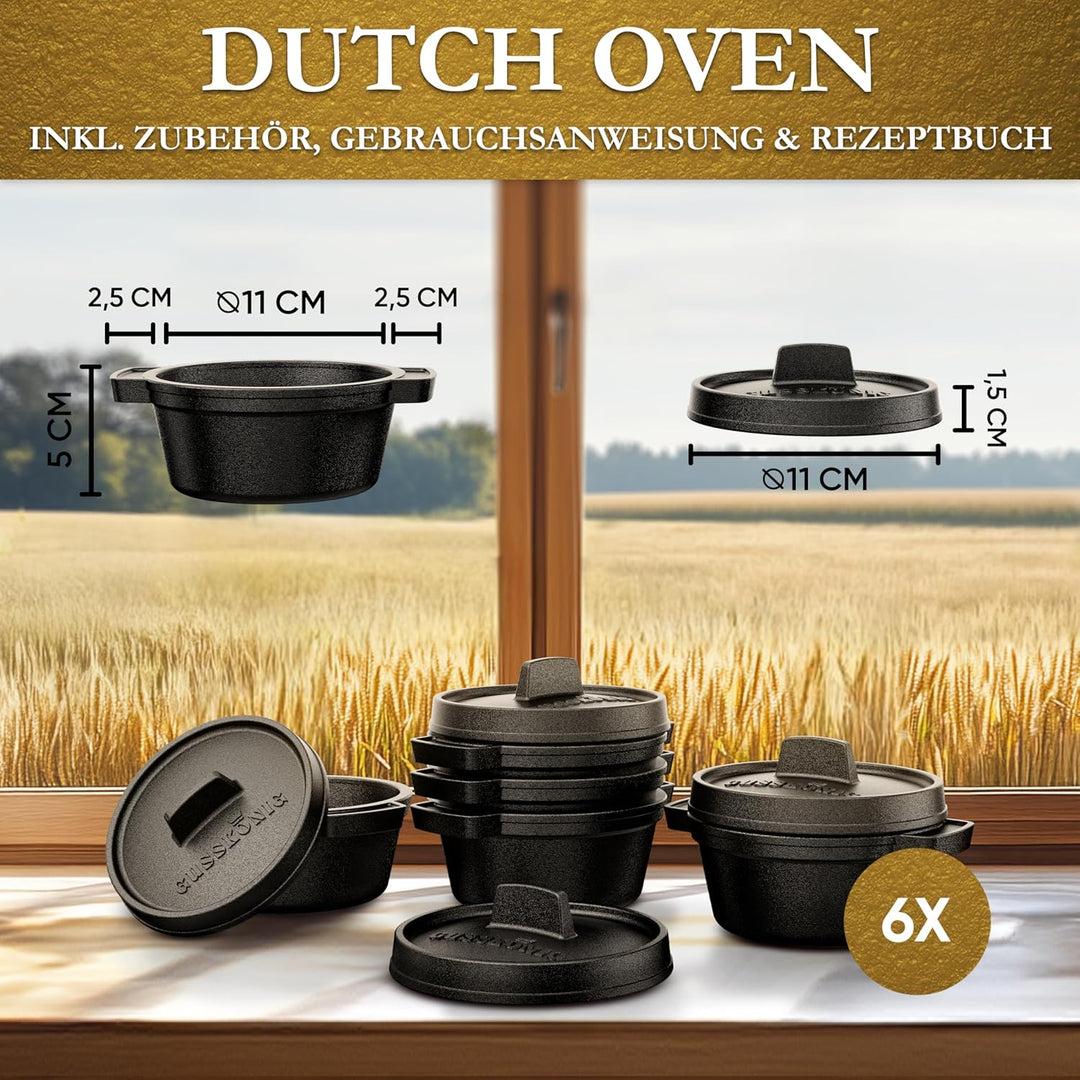 Mini Gusseisen Brotbackform Set–6x 300 ml Brotbacktopf mit Deckel–eingebrannte Mini Dutch Oven zum B