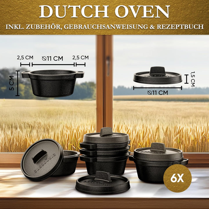 Mini Gusseisen Brotbackform Set–6x 300 ml Brotbacktopf mit Deckel–eingebrannte Mini Dutch Oven zum B