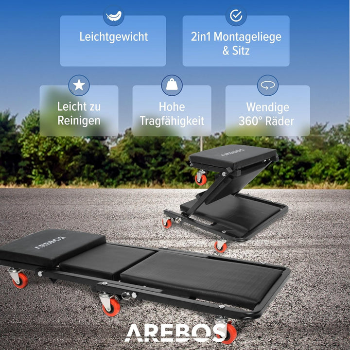 Arebos 2-in-1 Montagerollbrett | 150 kg belastbar | 6 bewegliche Rollen | 360° drehbar | Werkstatt-L