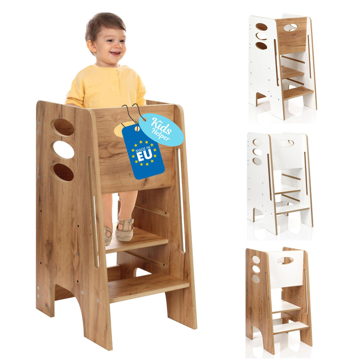 Kitchen Kids Helper Lernturm ab 1 Jahr - Höhenverstellbarer Lernturm Montessori Eiche 80cm - Sichere