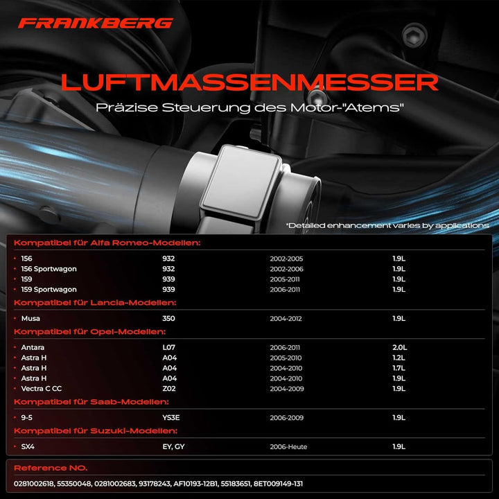 Frankberg Luftmassenmesser Kompatibel mit 156 932 Lacetti J200 Croma 194 Astra H A04 L48 L35 9-5 YS3