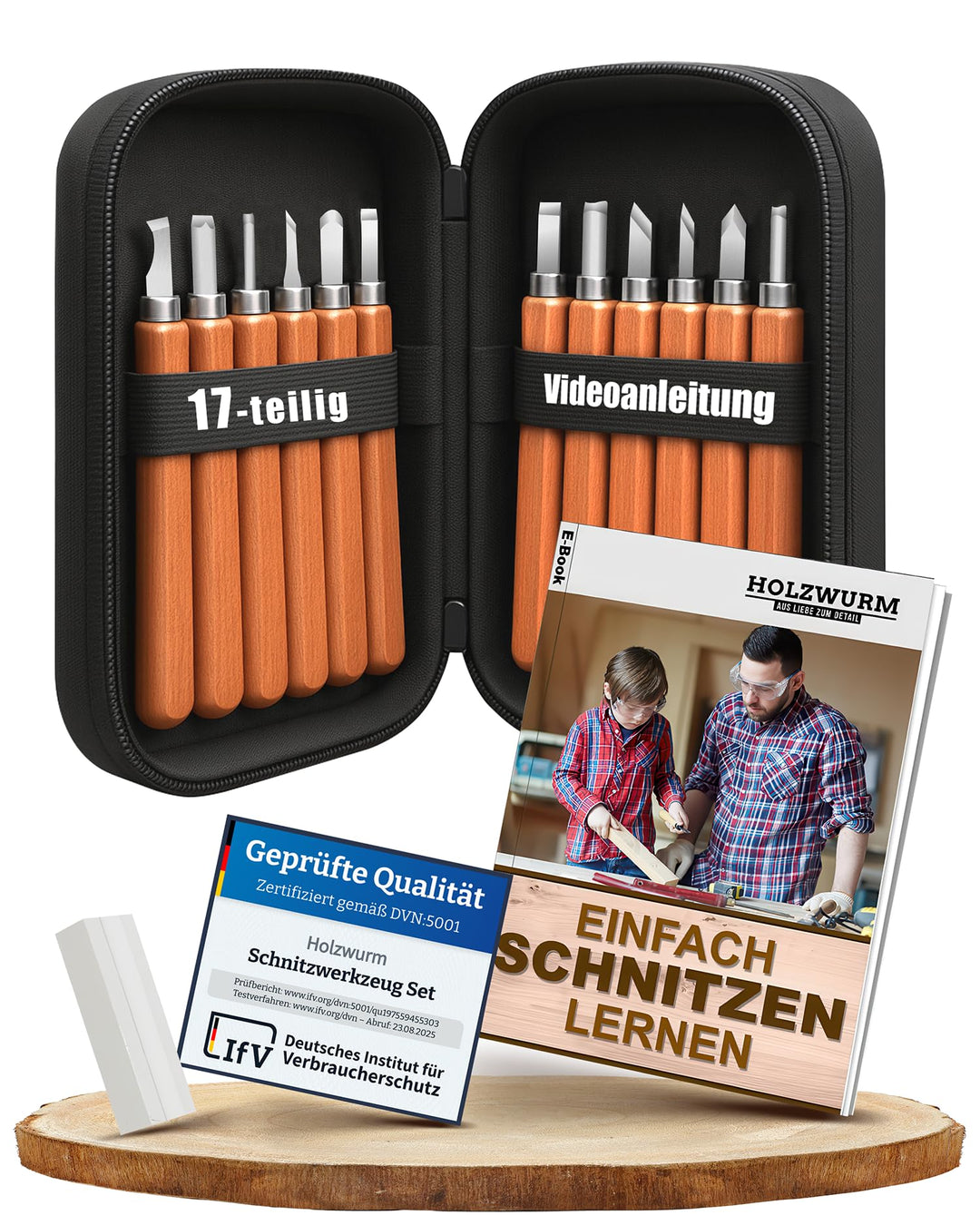HOLZWURM Holz-Schnitzwerkzeug Set 12-tlg, inkl. Tasche, Anleitung & Abziehstein, ideales Schnitzmess