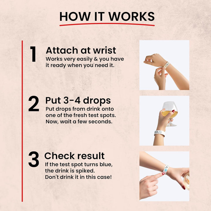 Drinkcheck Armband - Dein Schutz vor KO Tropfen | Teste Dein Getränk auf KO Tropfen GHB | Beige | 4