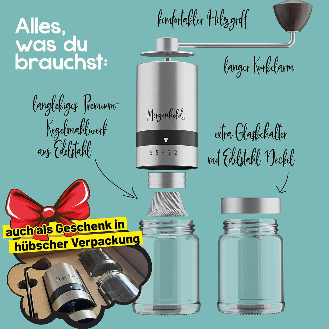 Kaffeemühle manuell aus Edelstahl 2 Glas Behälter – 6 Mahlgrade (Espresso bis Cold Brew) – Handkaffe