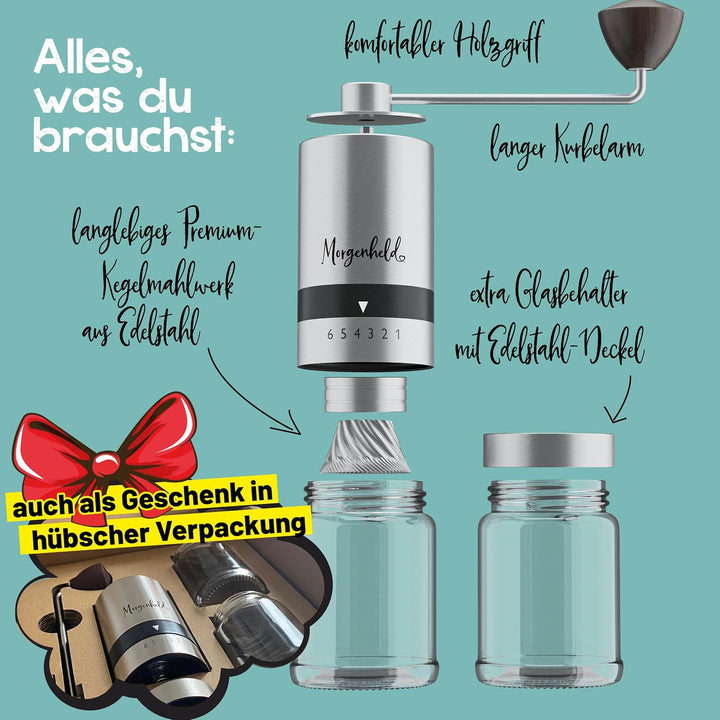 Kaffeemühle manuell aus Edelstahl 2 Glas Behälter – 6 Mahlgrade (Espresso bis Cold Brew) – Handkaffe