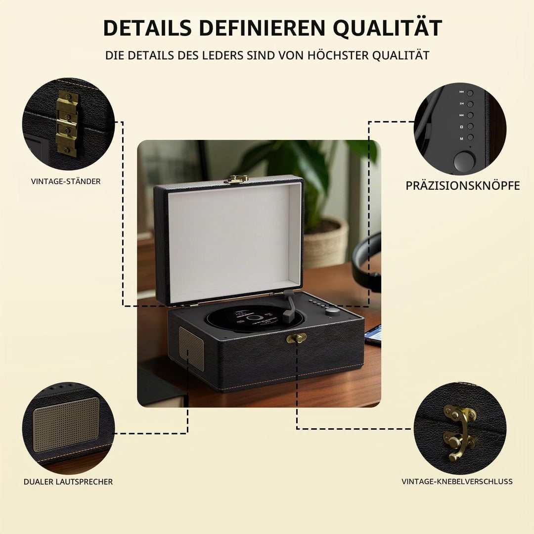 Yintiny Tragbarer CD-Player im Vintage-Stil mit Bluetooth-Konnektivität, Aussenseite aus Leder