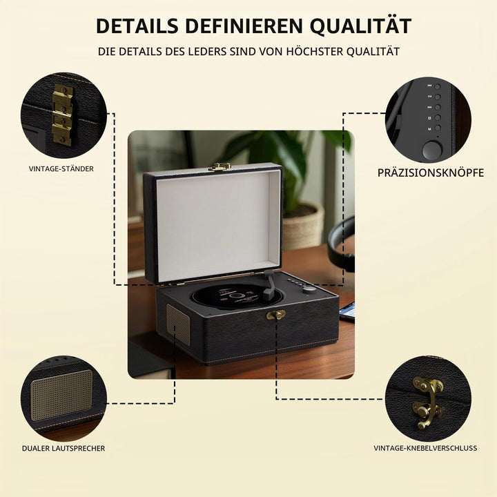 Yintiny Tragbarer CD-Player im Vintage-Stil mit Bluetooth-Konnektivität, Aussenseite aus Leder