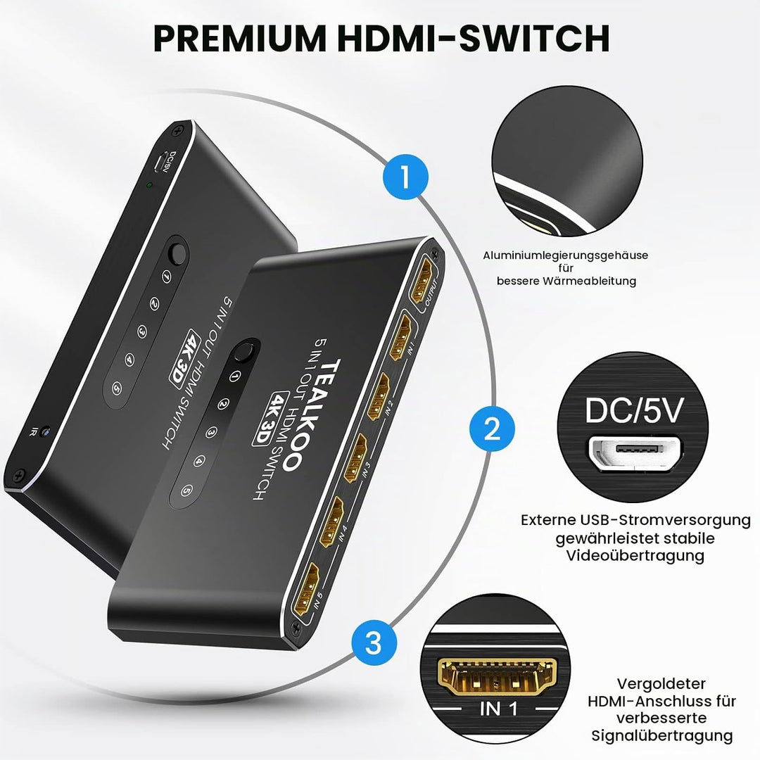 HDMI Splitter HDMI Switch, 4K Aliminium HDMI Switch 5 In 1 Out Automatisch HDMI Switcher mit Fernbed