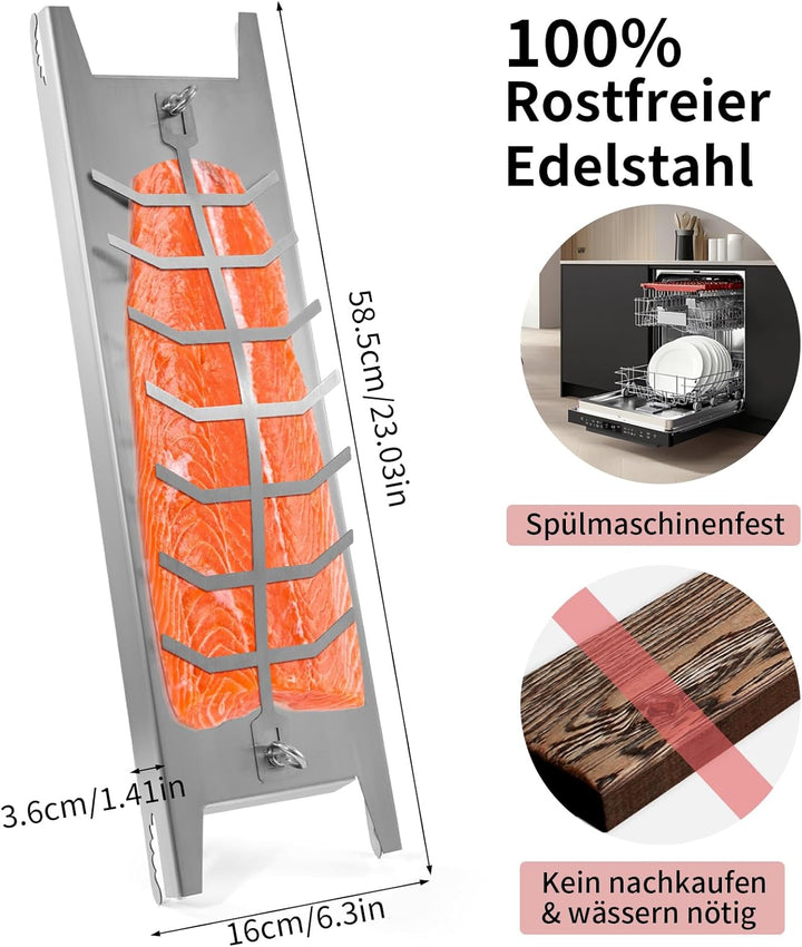 Flammlachsbrett Edelstahl, 180° Drehbar Flammlachsbretter, 5 Stufen Winkelsystem, Lachsbretter zum G