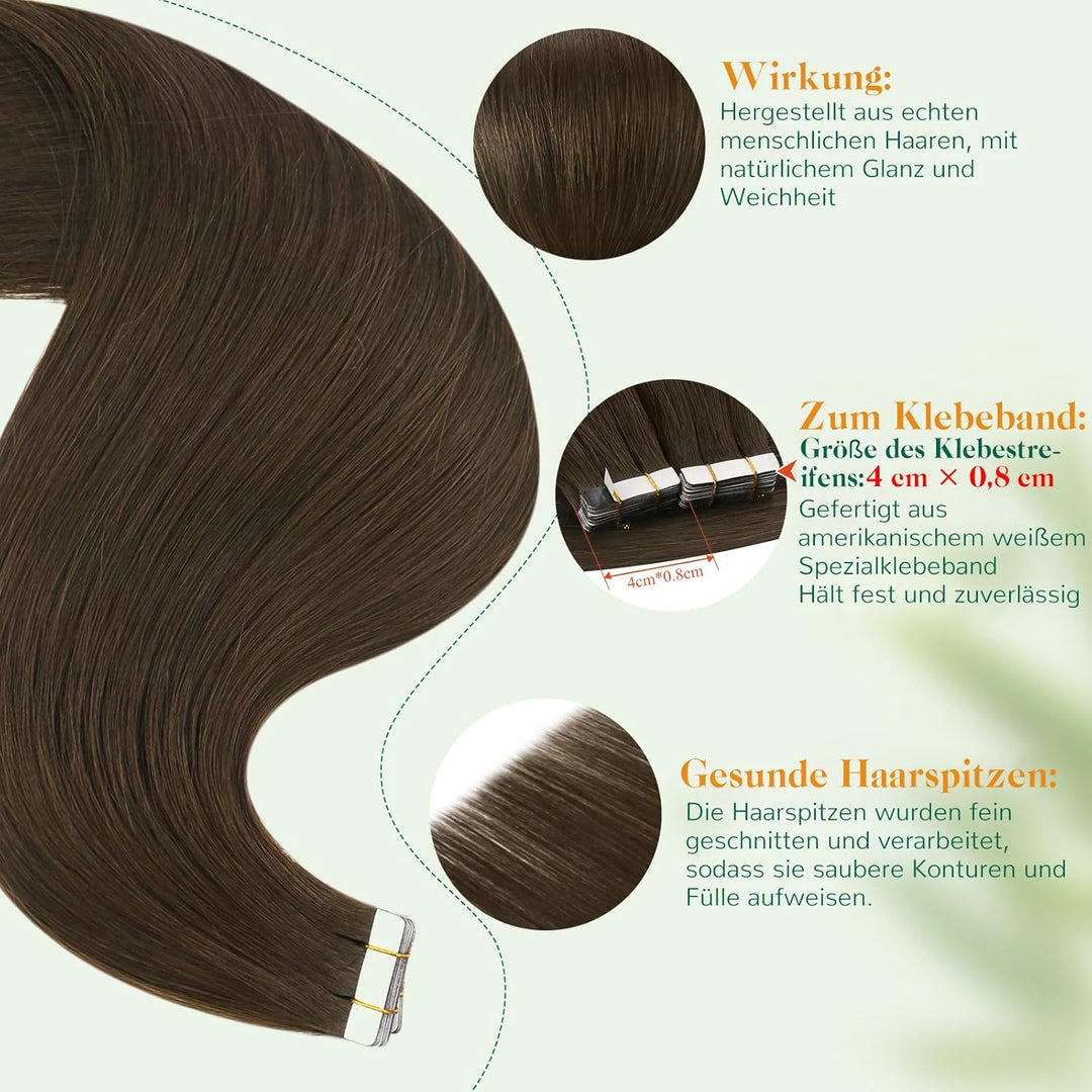 Easyouth Tape on Extension Echthaar Braun Haare mit Tape Extension Echthaar Farbe Dunkelstes Braun 2