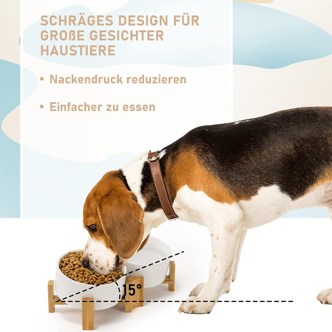 SPUNKYJUNKY Kippbarer Hundenapf Keramik Doppel Hund Futternapf mit Bambus Ständer 0° und 15° Neigung