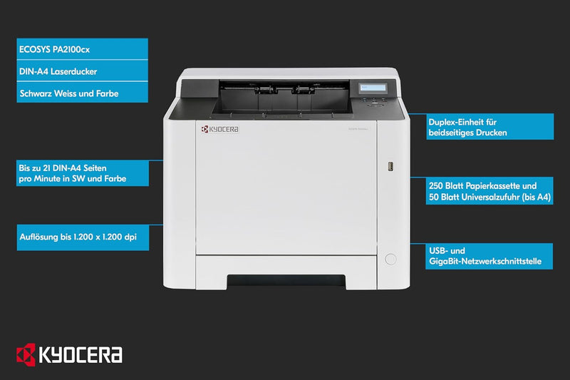 Kyocera Klimaschutz-System Ecosys PA2100cx Laserdrucker. Farblaserdrucker für 21 Seiten pro Minute.