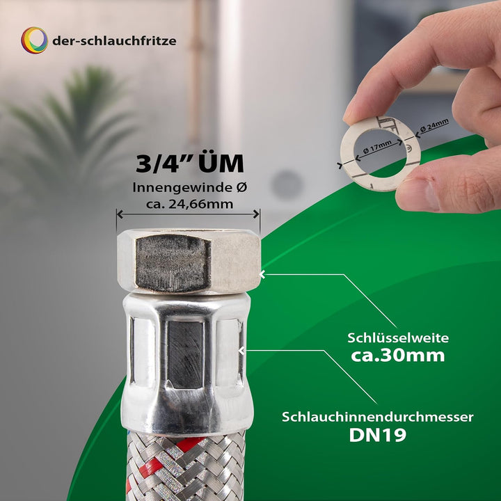 H2O-Flex® Panzerschlauch 3/4"ÜM x 3/4"ÜM (DN19) für Nutzwasser Heizungsschlauch 1,00m / 1.000mm, 1,0