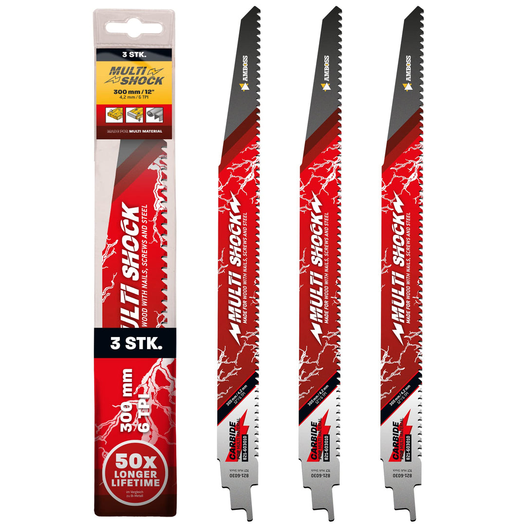 AMBOSS MULTI SHOCK - 3x Säbelsägeblatt Länge 300 mm / 6 ZpZ - ideal für Holz mit Nägeln und Holz mit
