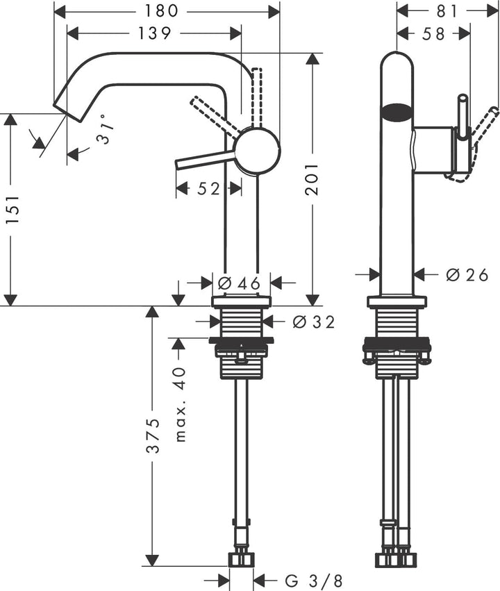 hansgrohe Tecturis S Fine - Waschtischarmatur mit Push-Open Ablauf, energiesparend (CoolStart), Wass