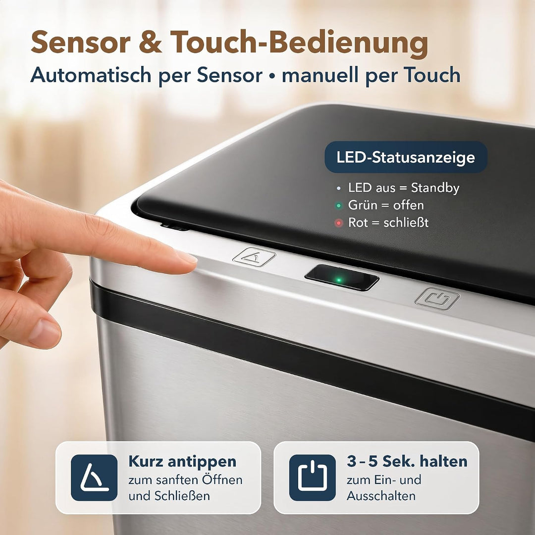 ledscom.de SORTA Sensor Mülleimer 50L, Edelstahl Abfalleimer 1 Stück (1er Pack), 1 Stück (1er Pack)