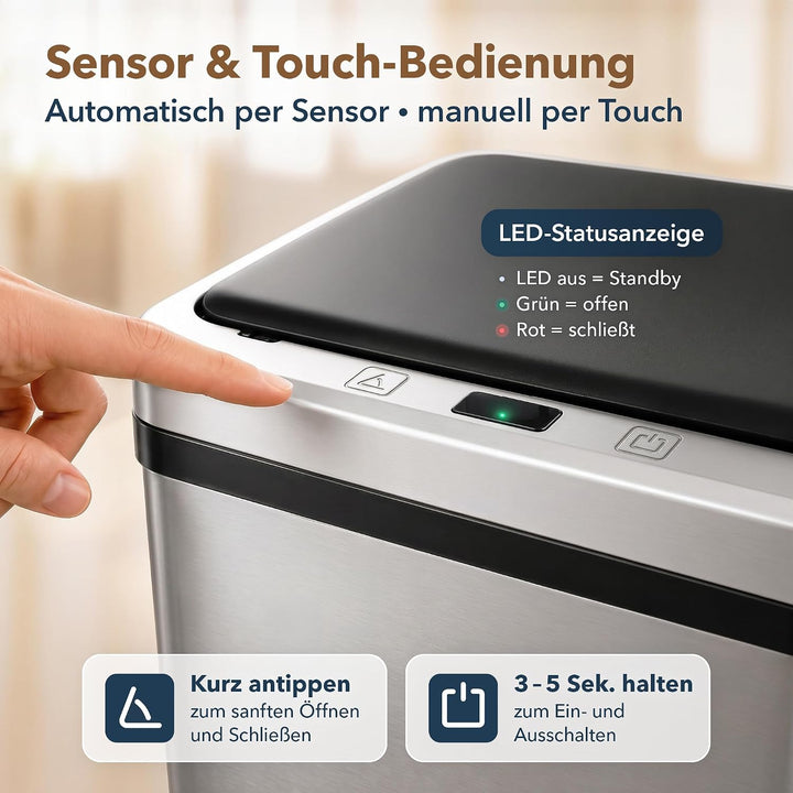 ledscom.de SORTA Sensor Mülleimer 50L, Edelstahl Abfalleimer 1 Stück (1er Pack), 1 Stück (1er Pack)