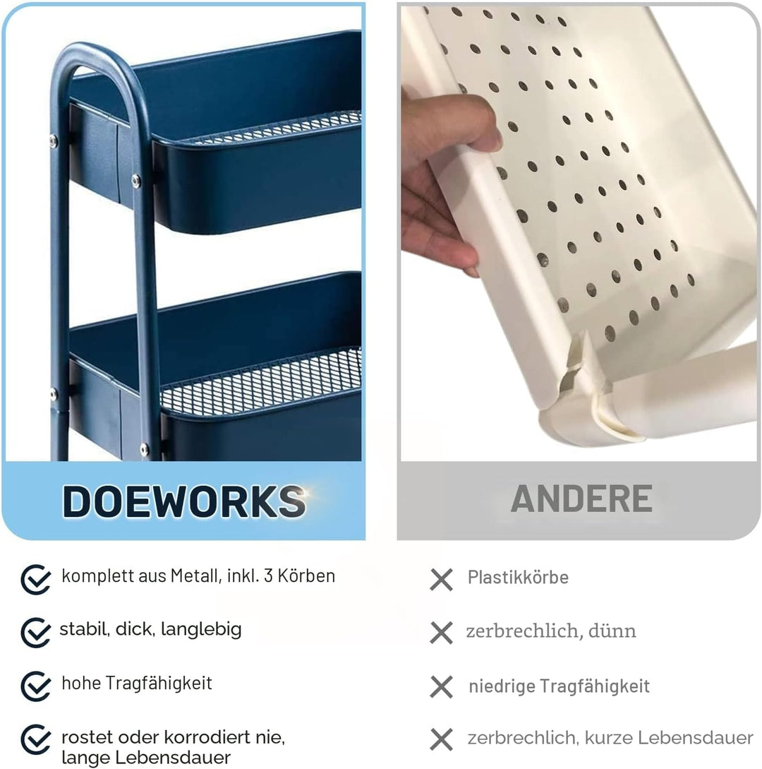 DOEWORKS Ablagewagen mit 3 Regalen, auf Rollen und mit Griffen, für Küche, Make-up, Badezimmer, Büro