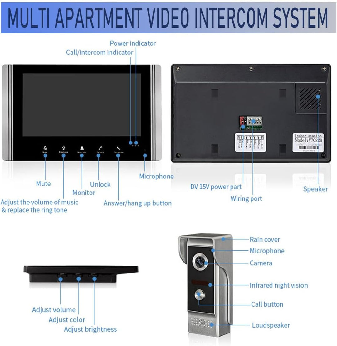 7-Zoll Verdrahtete Video-Gegensprechanlage, TFT LCD-Bildschirmmonitor, wasserdichte Nachtsichtkamera