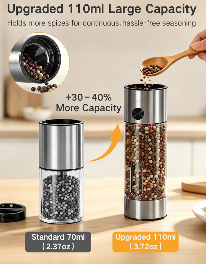 Elektrische Salz- und Pfeffermühle Set aus Edelstahl, USB-C Dual-Ladestation, 110 ml grosse Kapazitä