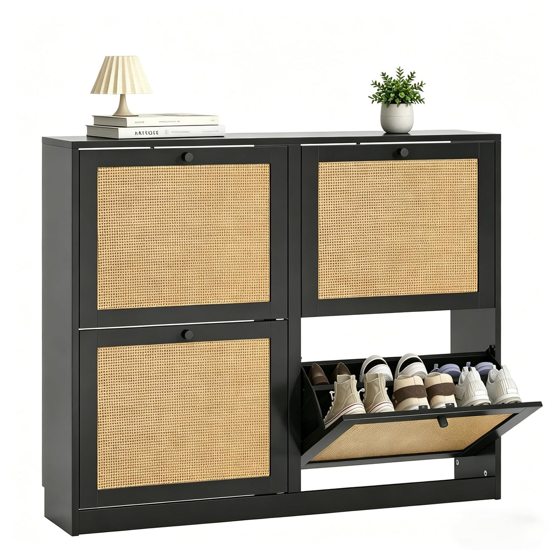Rattan Schuhschrank mit 4 Klappen, Schuhkipper Schuhkommode mit Einstellbar Ablageflächen Schuhregal
