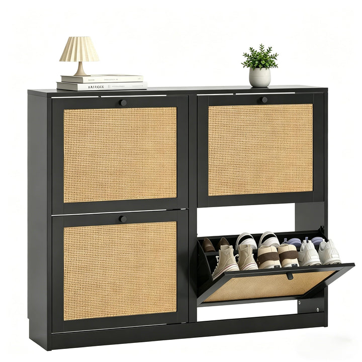 Rattan Schuhschrank mit 4 Klappen, Schuhkipper Schuhkommode mit Einstellbar Ablageflächen Schuhregal