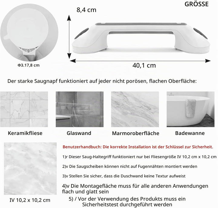 Newthinking Haltegriff Dusche mit Saugnapf, Haltegriffe für Senioren,Grau | Haltegriff mit Saugnapf,
