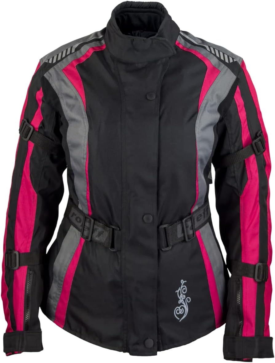 Damen Textil Motorradjacke mit CE Protektoren, gute Belüftung, taillierter Schnitt XS Black, Pink, G