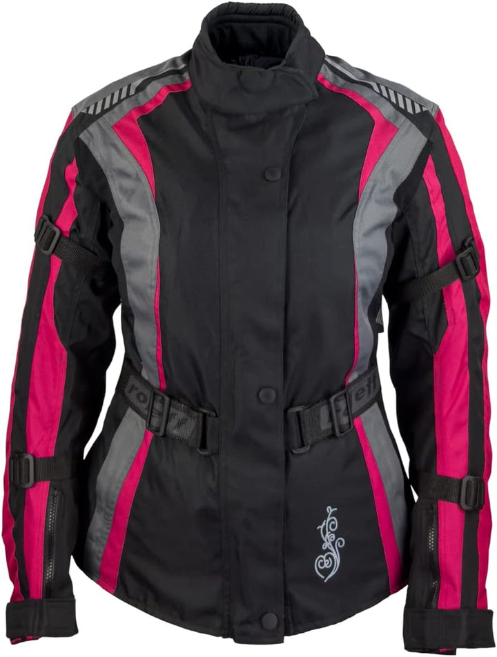 Damen Textil Motorradjacke mit CE Protektoren, gute Belüftung, taillierter Schnitt XS Black, Pink, G