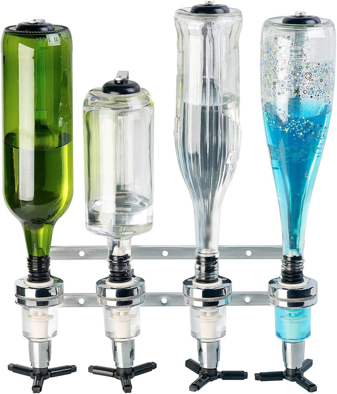 Rosenstein &amp; Söhne Flaschen-Wandhalterungen: 4er-Set Aluminium-Flaschenhalter und Dosierer, je 4-fac