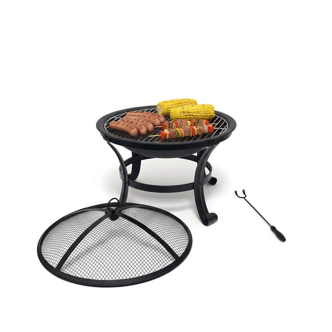 Relaxdays Feuerschale mit Grillrost, Funkenschutz, Schürhaken, Stahl, Ø 55 cm, schwarz Gartenfeuerst
