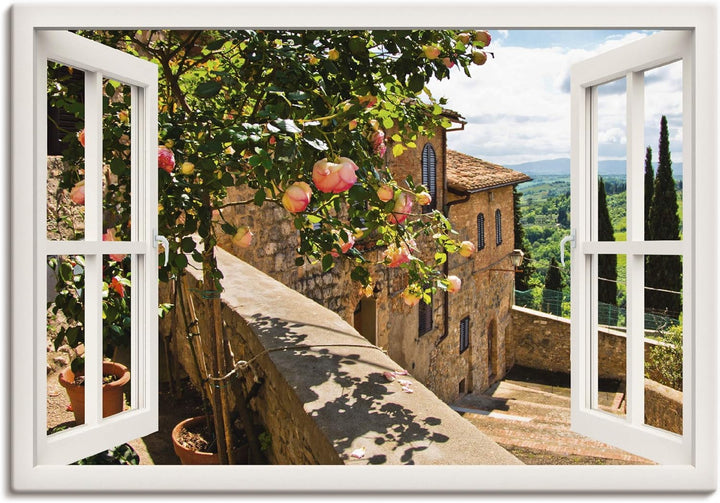 Artland Leinwandbild Wandbild Bild auf Leinwand 100x70 cm Wanddeko Fensterblick Fenster Toskana Land
