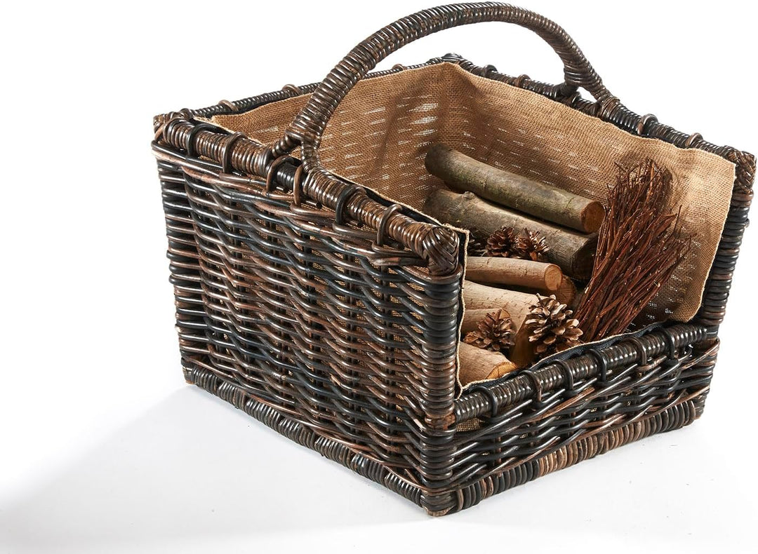 Kobolo Kaminholzkorb Holztrage Holzkorb für Kaminholz Rattan grau mit abnehmbarem Leinenstoff