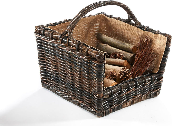 Kobolo Kaminholzkorb Holztrage Holzkorb für Kaminholz Rattan grau mit abnehmbarem Leinenstoff