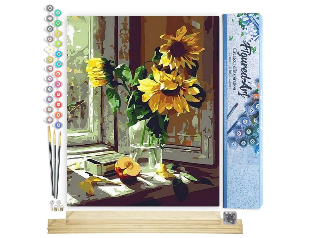 Figured'Art Malen Nach Zahlen Erwachsene Mit Rahmen Sonnenblumen und Apfel vor dem Fenster - Paint b