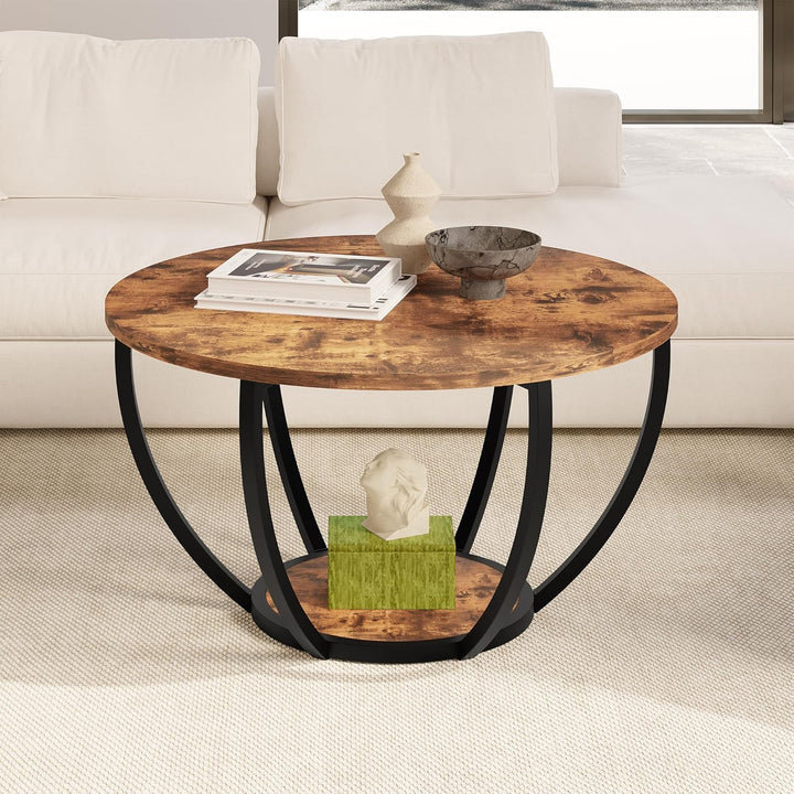 HOMERECOMMEND Round Coffee Table,Couchtisch Rund,2 stufiger Couchtisch mit Lagerung Regale,Wohnzimme