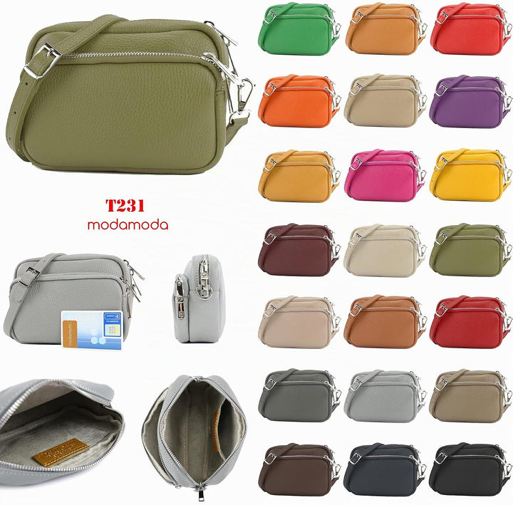 modamoda de - T231 - ital. Umhängetasche Klein Small aus Leder Silber-metallic, Silber-metallic