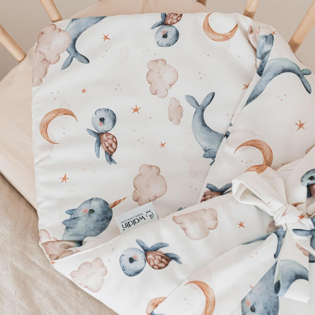 Waldin Baby Kinder Bettwäscheset 100% Bambus, ohne Bezug, Hypoallergen, Decke und Kissen, Wale/Weiss