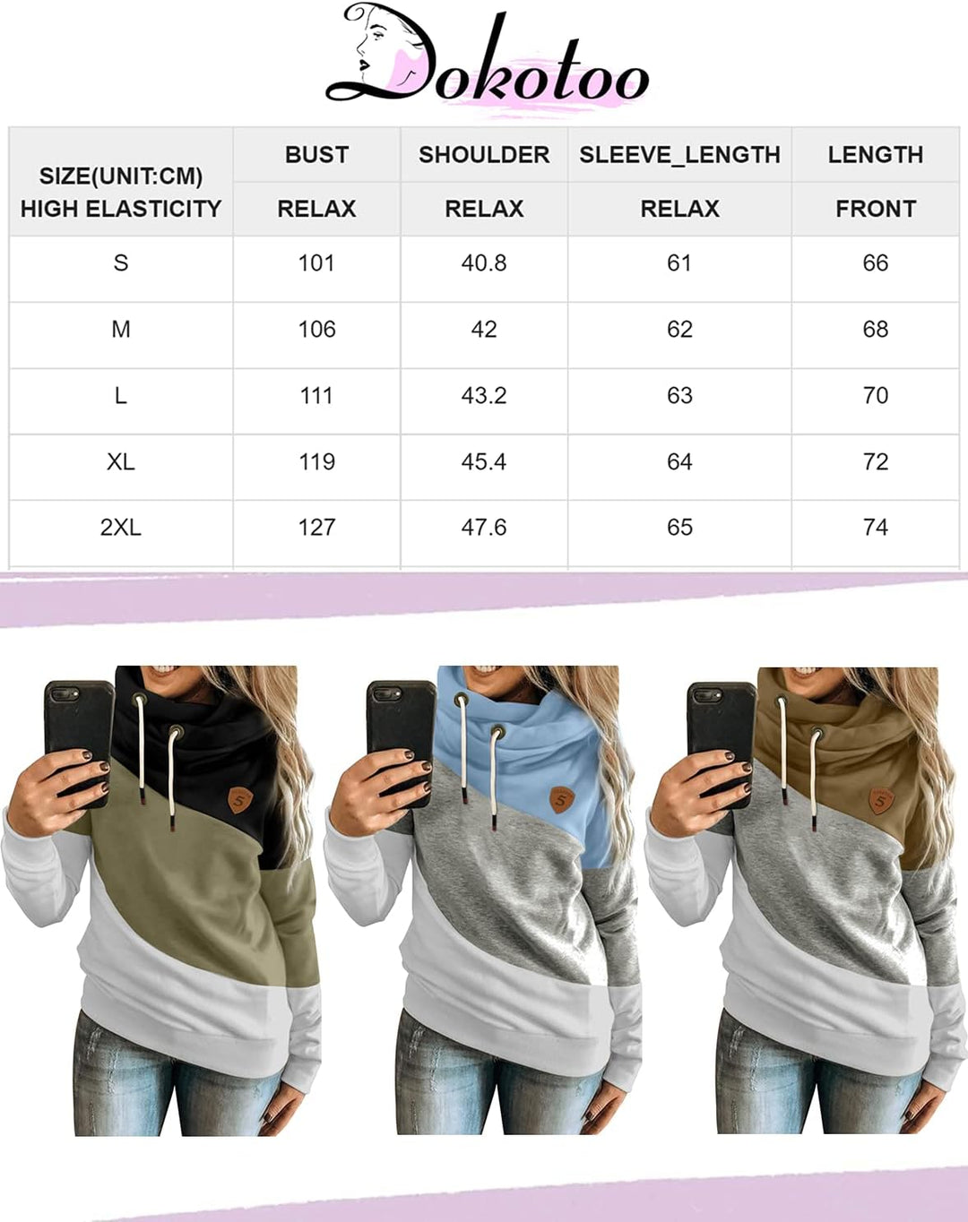 Dokotoo Damen Kapuzenpullover Stehkragen Hoodie Pullover Farbblock Sweatshirt Langarmshirt Oberteile