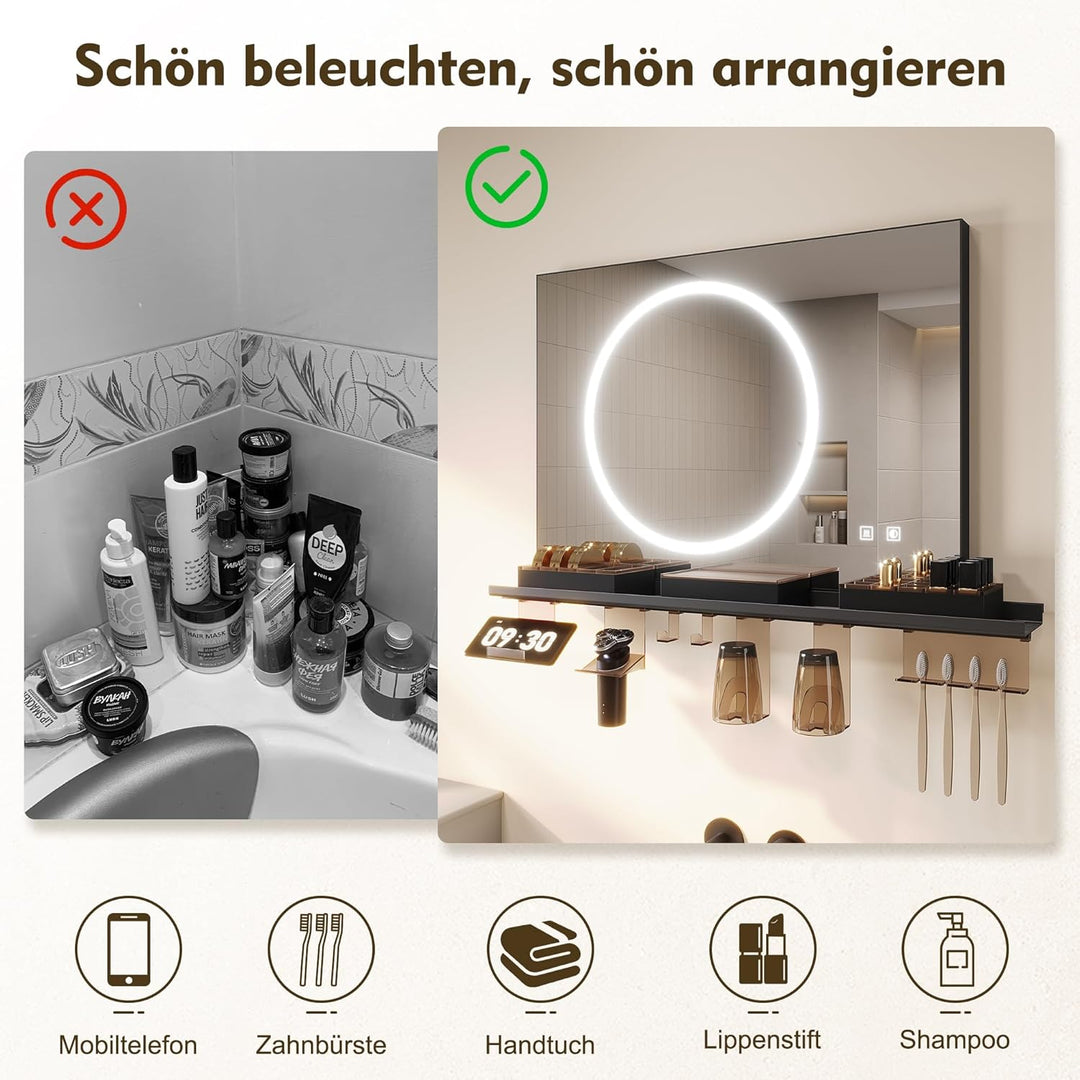 SONNI LED Badspiegel 70x50cm mit 70cm Ablage, Touch Badezimmerspiegel 3 Lichtfarben, Anti-Beschlag &