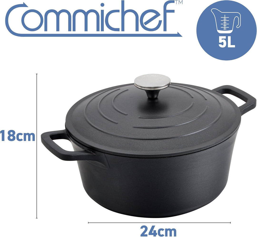 Commichef Runde Kasserolle, Auflaufform, Schwarz, Aluminiumguss, Mit Deckel, 24cm Durchmesser, 5 Lit