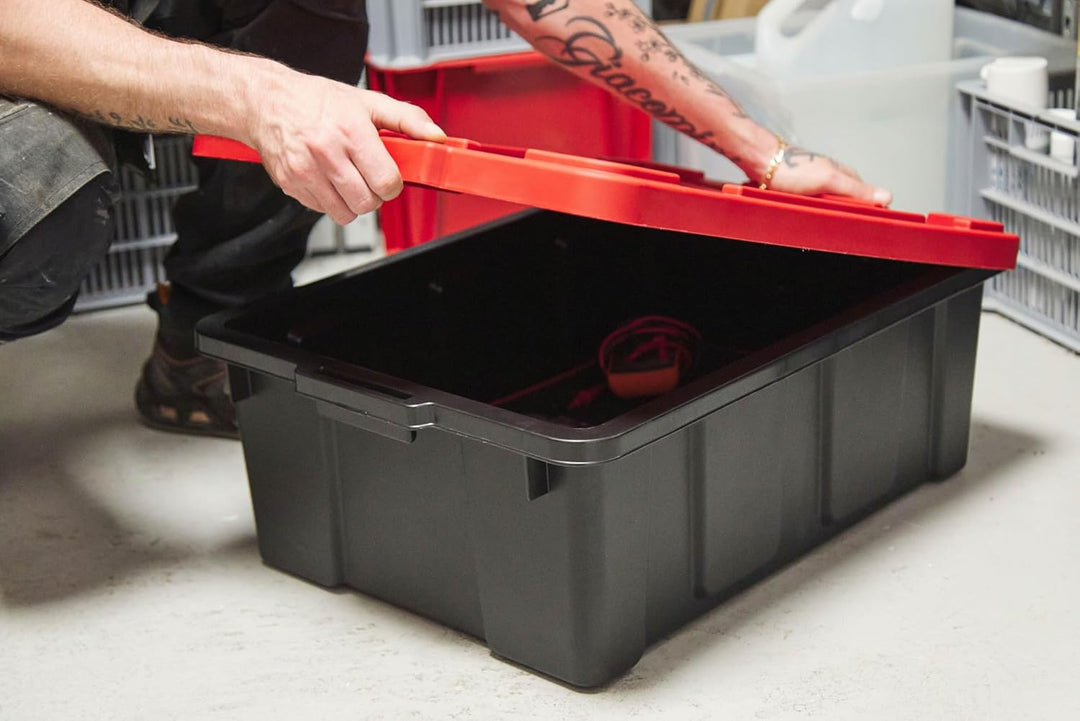 Iris Ohyama Heavy Duty Organisation Boxes, 43L, 4er-Set, Rot, Gross, Robust, Stapelbar, Aufbewahrung