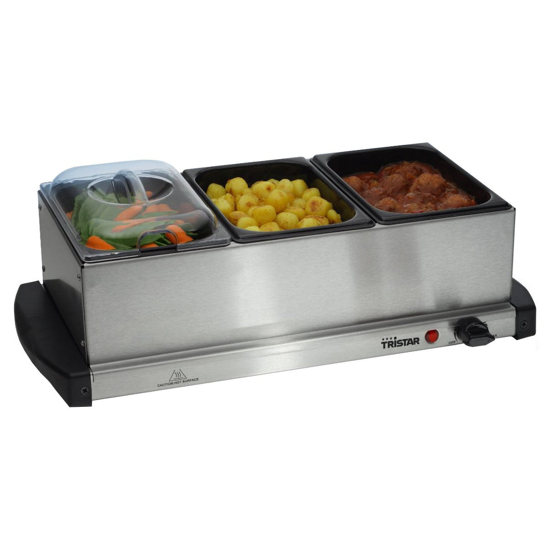 Tristar Edelstahl Buffetwärmer - mit einstellbarem Thermostat, 3 x 1,5L Buffetbehälter, als Heizplat