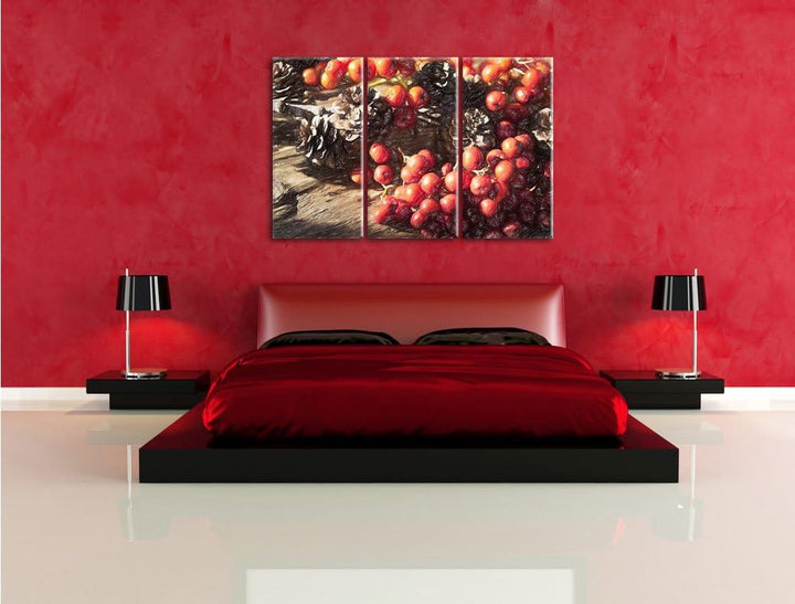 Pixxprint Vogelbeeren und Tannenzapfen / 3-Teilig/Gesamtmass 120cm Leinwandbild bespannt auf Holzrah