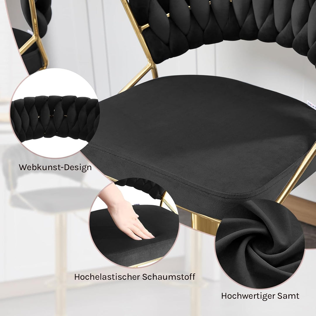 WOLTU Barhocker 2er Set, mit geflochtener Rückenlehne, Samthocker, Schwarz | Barstuhl 360° drehbar,