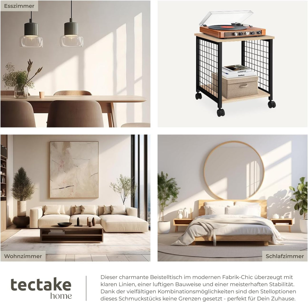 tectake Beistelltisch mit 2 Ablagen und Rollen, Nachttisch im Industrie-Design, 40 x 40 x 48 cm, für