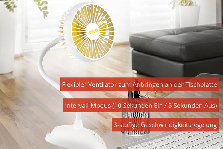 UNOLD 86680 Tischventilator Breezy Clip - mit 3-stufiger Geschwindigkeitsregelung, zum Anbringen an