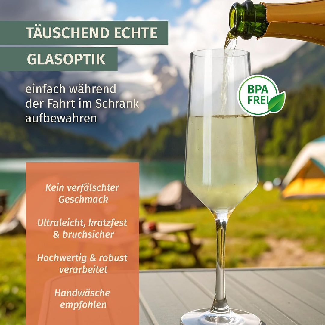 Melamin Camping Geschirr Set 4 Personen Stone Red + 4 Milano Champgner Gläser Flûtes Tafelgeschirr P